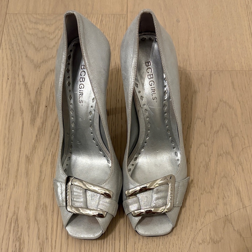 BCBGirls Metallic Silver Buckle Heels